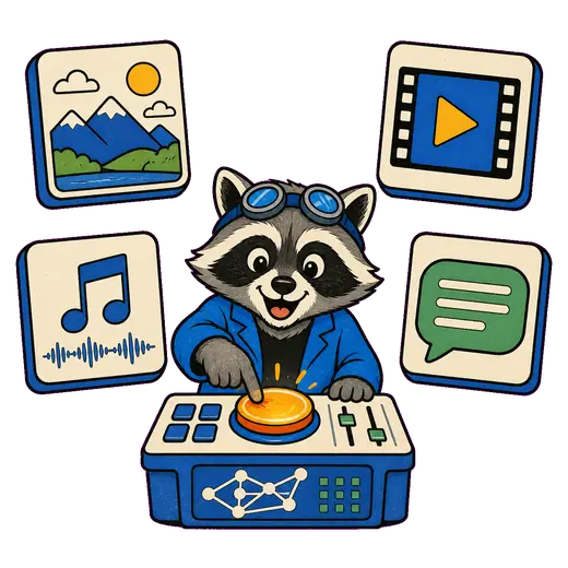 A cheerful raccoon launches image, video, music and text AI tools from a control panel