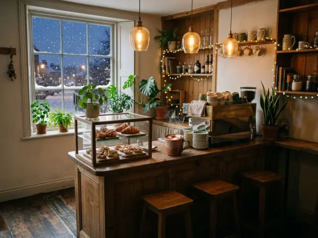 Result: the same cafe on a winter evening with snow outside and string lights