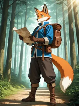 Anthropomorphic fox traveler with a map on a forest trail