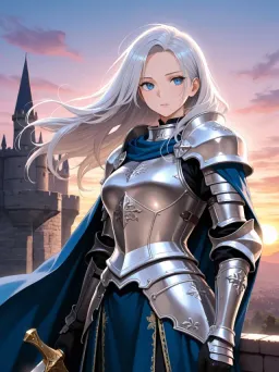 Silver-haired knight in armor on a castle wall at sunset
