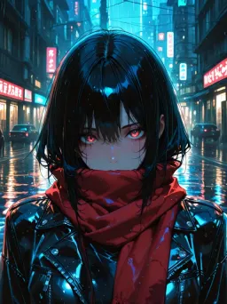 Character in a red scarf on a rainy neon city street