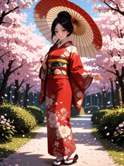 Woman in a red kimono with a paper umbrella under cherry blossoms