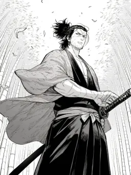 Black-and-white manga samurai in a bamboo forest