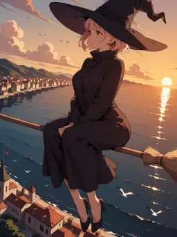 Witch flying on a broom over a seaside town at sunset