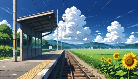 Generated anime background of a countryside train station with sunflowers: Animake v1.1