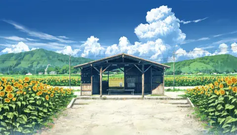 Generated anime background of a countryside train station with sunflowers: Manga Master v4