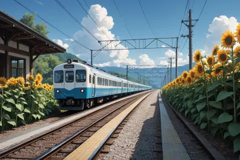 Generated anime background of a countryside train station with sunflowers: Rev Animated v2.7