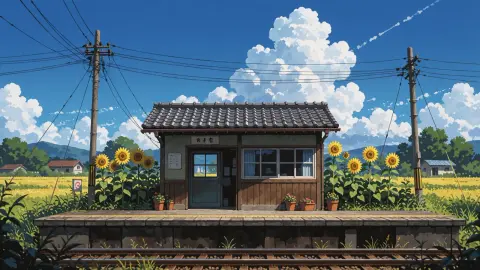 Generated anime background of a countryside train station with sunflowers: Velvet Render v5.1 Anime