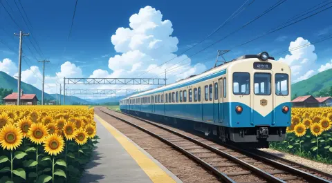 Generated anime background of a countryside train station with sunflowers: WaifuStudio v2.6