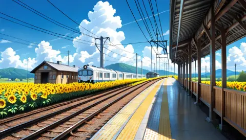 Generated anime background of a countryside train station with sunflowers: Anime XL v9