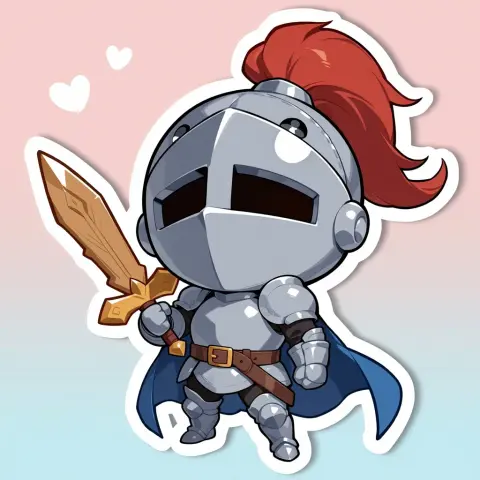 Generated chibi knight sticker with an oversized helmet and a wooden sword: Animake v1.1