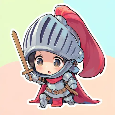 Generated chibi knight sticker with an oversized helmet and a wooden sword: Manga Master v4