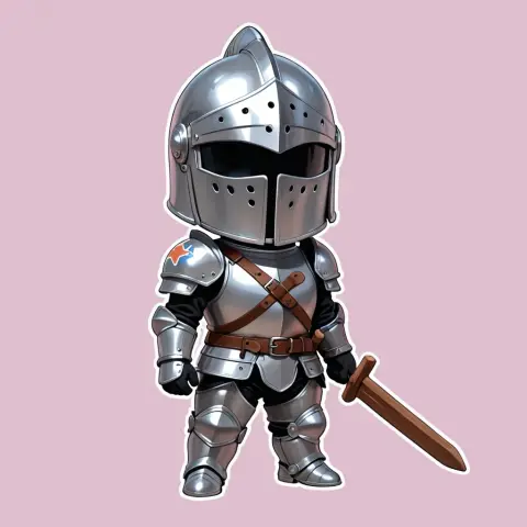 Generated chibi knight sticker with an oversized helmet and a wooden sword: Rev Animated v2.7