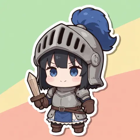Generated chibi knight sticker with an oversized helmet and a wooden sword: Velvet Render v5.1 Anime