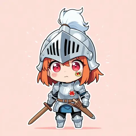 Generated chibi knight sticker with an oversized helmet and a wooden sword: WaifuStudio v2.6