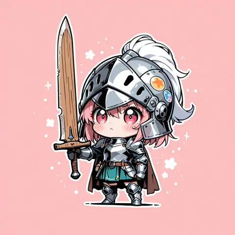 Generated chibi knight sticker with an oversized helmet and a wooden sword: Anime XL v9