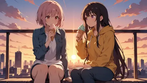 Generated anime scene with two women eating ice cream on a rooftop at sunset: Animake v1.1