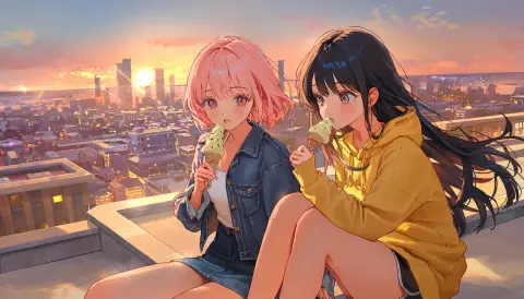Generated anime scene with two women eating ice cream on a rooftop at sunset: Manga Master v4