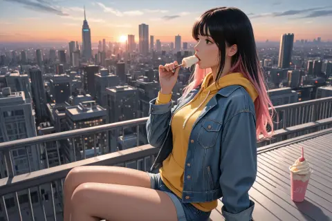 Generated anime scene with two women eating ice cream on a rooftop at sunset: Rev Animated v2.7