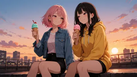Generated anime scene with two women eating ice cream on a rooftop at sunset: Velvet Render v5.1 Anime
