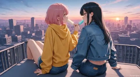 Generated anime scene with two women eating ice cream on a rooftop at sunset: WaifuStudio v2.6