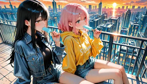 Generated anime scene with two women eating ice cream on a rooftop at sunset: Anime XL v9
