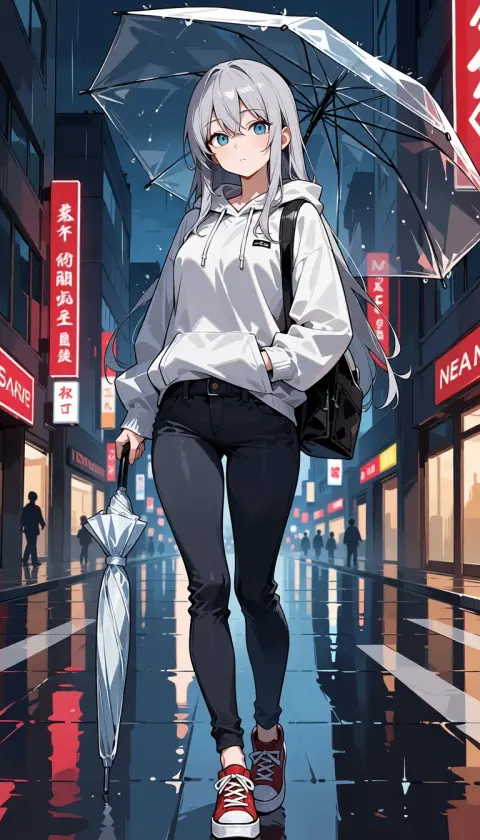 Generated anime woman with silver hair and an umbrella on a rainy neon street: Animake v1.1