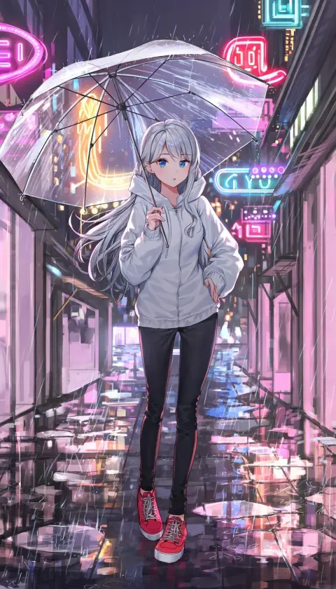 Generated anime woman with silver hair and an umbrella on a rainy neon street: Manga Master v4