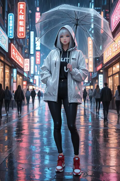 Generated anime woman with silver hair and an umbrella on a rainy neon street: Rev Animated v2.7