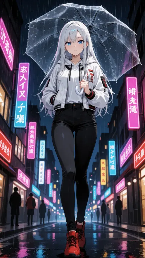 Generated anime woman with silver hair and an umbrella on a rainy neon street: Velvet Render v5.1 Anime