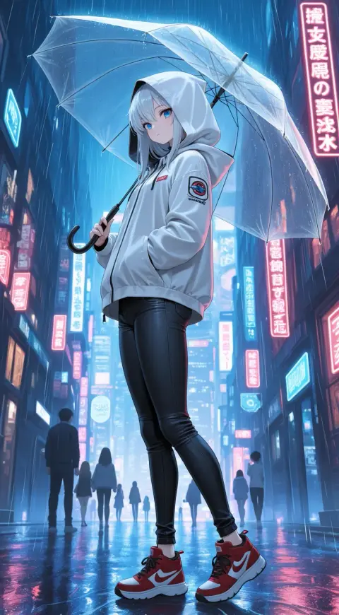 Generated anime woman with silver hair and an umbrella on a rainy neon street: WaifuStudio v2.6
