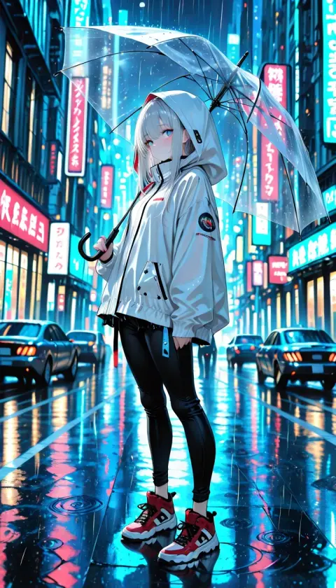 Generated anime woman with silver hair and an umbrella on a rainy neon street: Anime XL v9