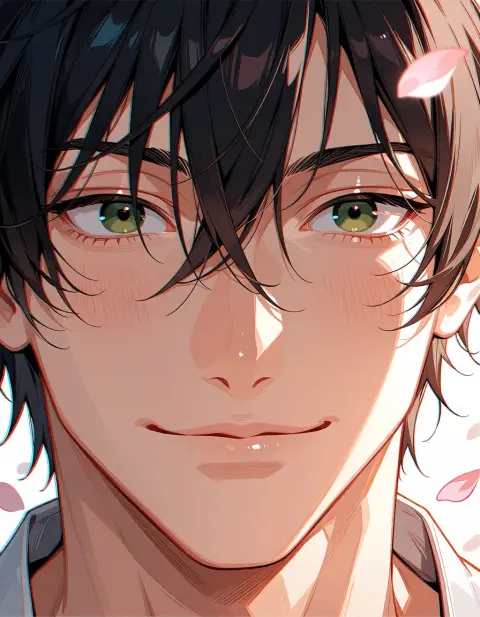 Generated anime portrait of a smiling black-haired man with green eyes: Animake v1.1