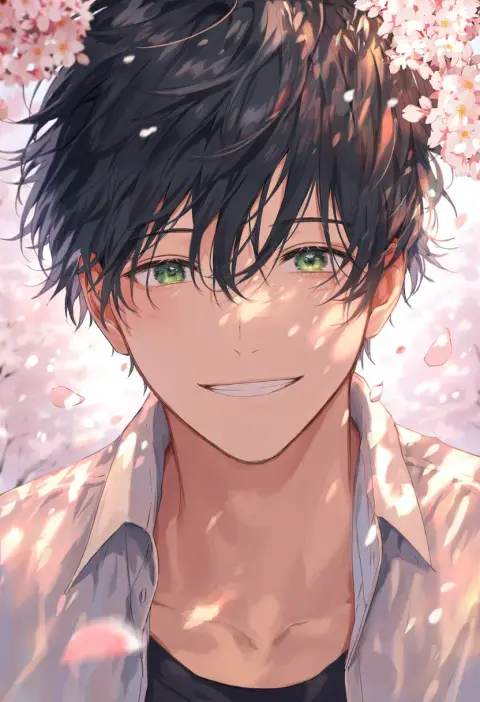 Generated anime portrait of a smiling black-haired man with green eyes: Manga Master v4