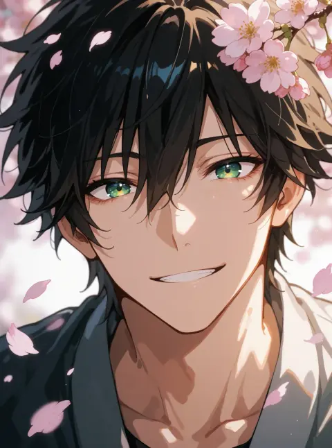 Generated anime portrait of a smiling black-haired man with green eyes: Velvet Render v5.1 Anime