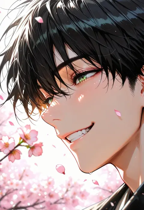 Generated anime portrait of a smiling black-haired man with green eyes: Anime XL v9