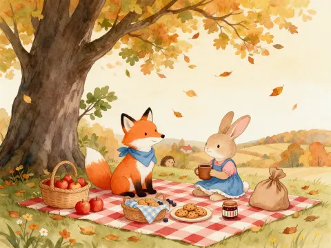 Generated watercolor illustration of a fox and a rabbit having a picnic: ImageGPT v3