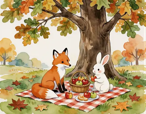 Generated watercolor illustration of a fox and a rabbit having a picnic: Studio Vision v3.6