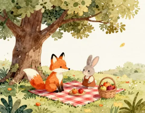 Generated watercolor illustration of a fox and a rabbit having a picnic: Studio Vision v3