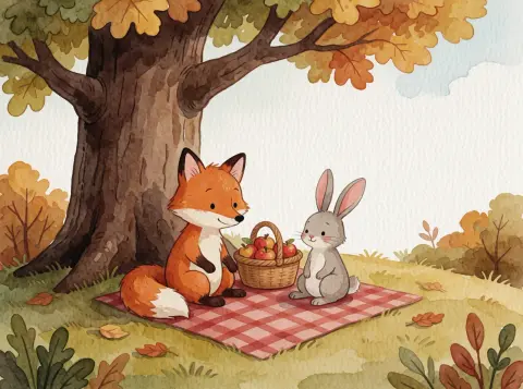 Generated watercolor illustration of a fox and a rabbit having a picnic: Velvet Render v5.1