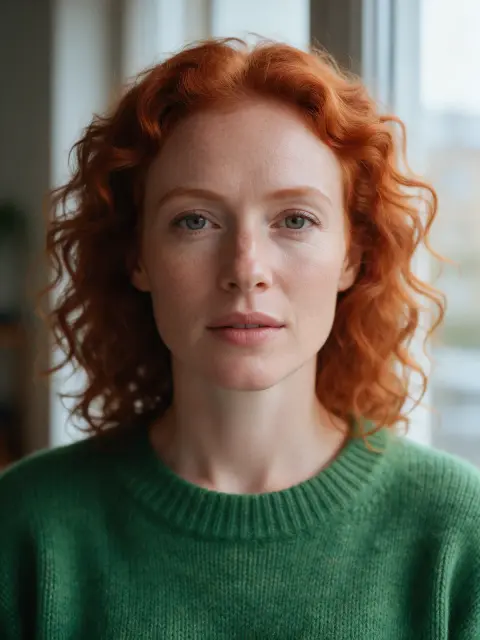 Generated portrait of a red-haired woman with freckles in a green sweater: ImageGPT v3