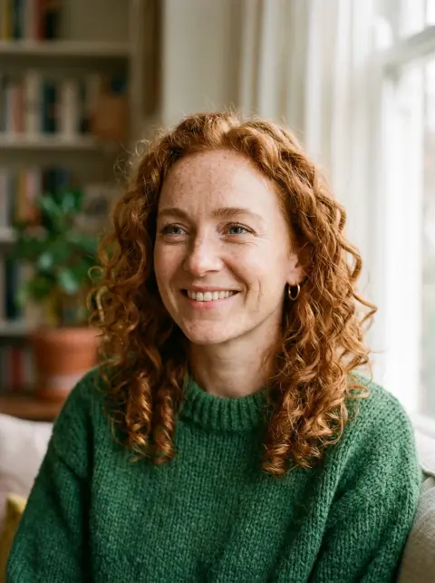 Generated portrait of a red-haired woman with freckles in a green sweater: Nano Banana 2