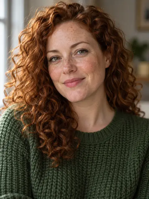 Generated portrait of a red-haired woman with freckles in a green sweater: OpenAI Image 2.5