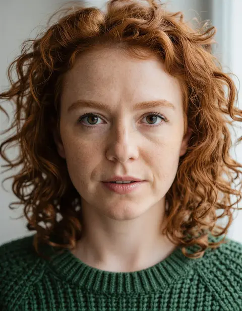 Generated portrait of a red-haired woman with freckles in a green sweater: Studio Vision v3.6