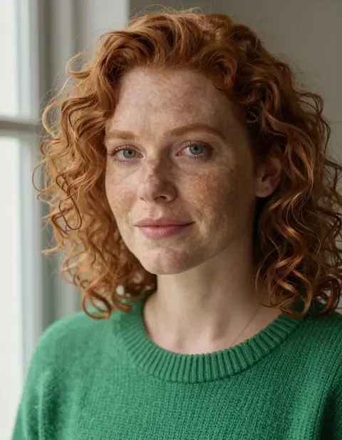 Generated portrait of a red-haired woman with freckles in a green sweater: Studio Vision v3
