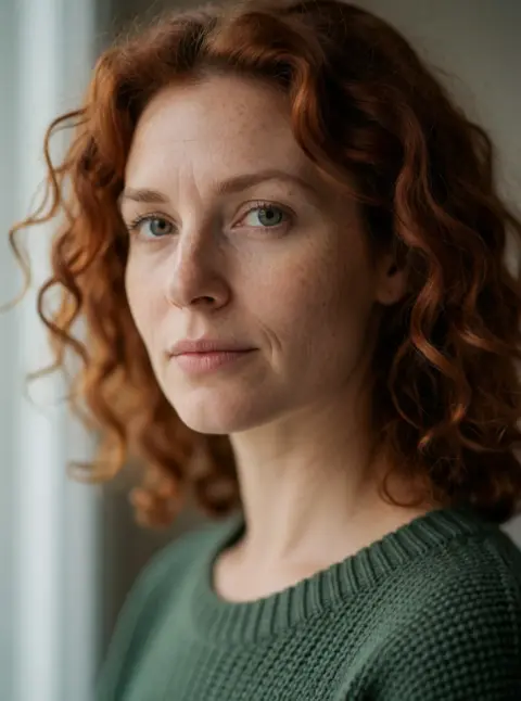 Generated portrait of a red-haired woman with freckles in a green sweater: Velvet Render v5.1