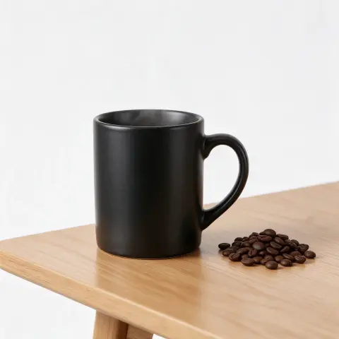Generated product photo of a black coffee mug with coffee beans: ImageGPT v3