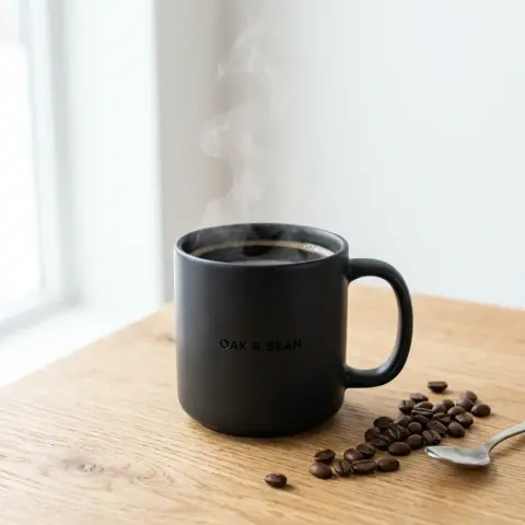 Generated product photo of a black coffee mug with coffee beans: Nano Banana 2