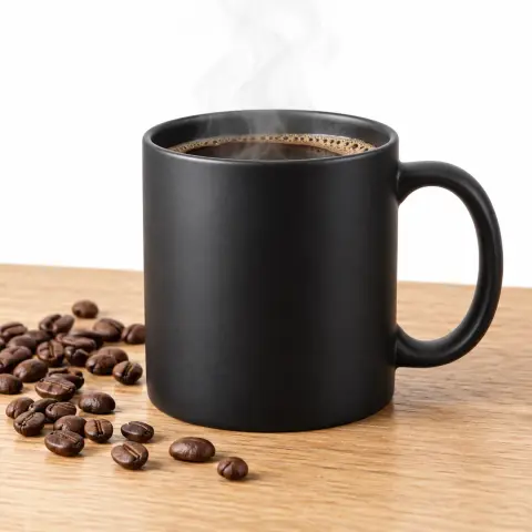 Generated product photo of a black coffee mug with coffee beans: OpenAI Image 2.5