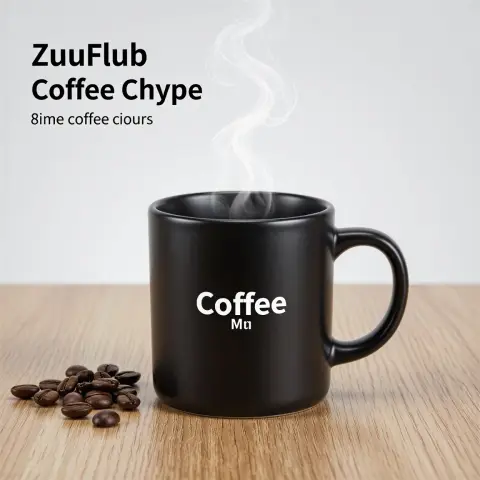 Generated product photo of a black coffee mug with coffee beans: Studio Vision v3.6